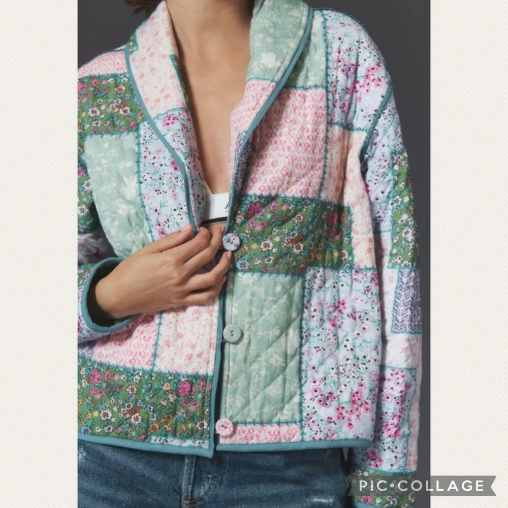 :Price Firm: Anthropologie Conditions Apply Printed Quilted Jacket in Green - Picture 3 of 13
